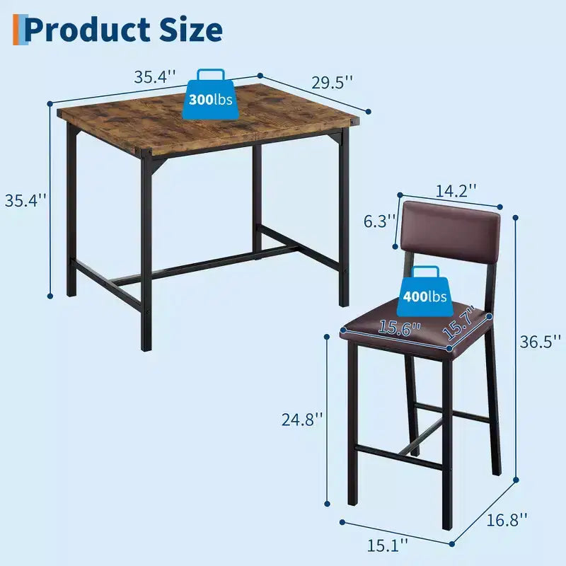 Ensemble de table à manger pour 2 personnes avec table de hauteur comptoir et 2 tabourets rembourrés, ensemble de table de cuisine 3 pièces avec protection d'angle, pour cuisine, appartement, pub
