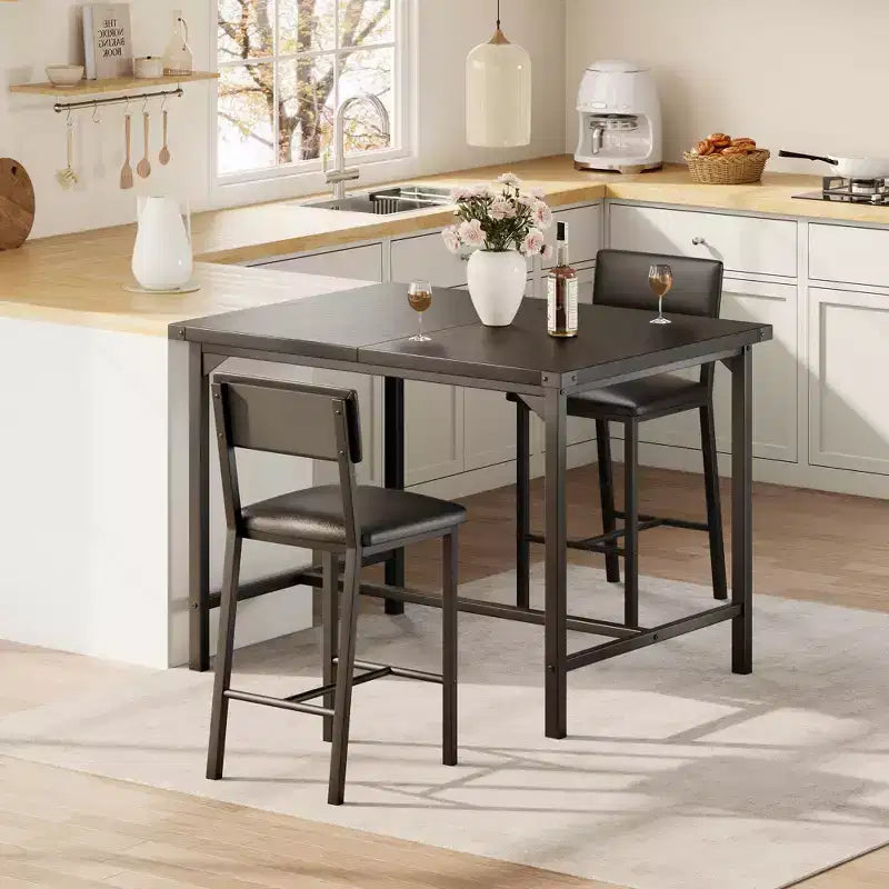 Ensemble de table à manger pour 2 personnes avec table de hauteur comptoir et 2 tabourets rembourrés, ensemble de table de cuisine 3 pièces avec protection d'angle, pour cuisine, appartement, pub