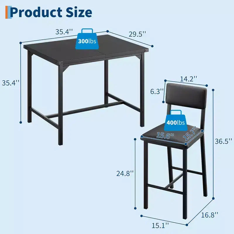 Ensemble de table à manger pour 2 personnes avec table de hauteur comptoir et 2 tabourets rembourrés, ensemble de table de cuisine 3 pièces avec protection d'angle, pour cuisine, appartement, pub