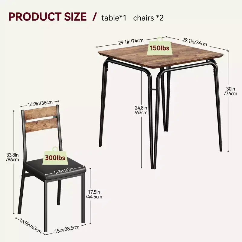 Table de salle à manger pour 2, petit ensemble table et chaises pour 2, ensemble de dînette carré avec 2 chaises, ensemble de cuisine et salle à manger 3 pièces pour petit espace, appartement