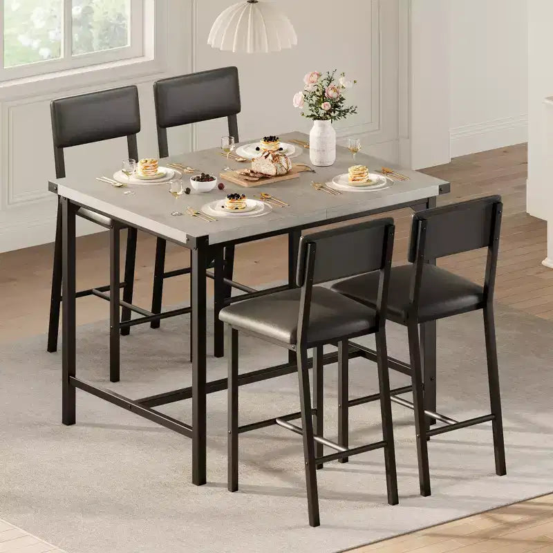 Ensemble Table de Salle à Manger pour 4, Repose-Pieds et Dossier, Table Hauteur Comptoir avec 4 Tabourets de Bar Rembourrés, avec Protections d'Angle, pour Cuisine, Pub, Salle à Manger