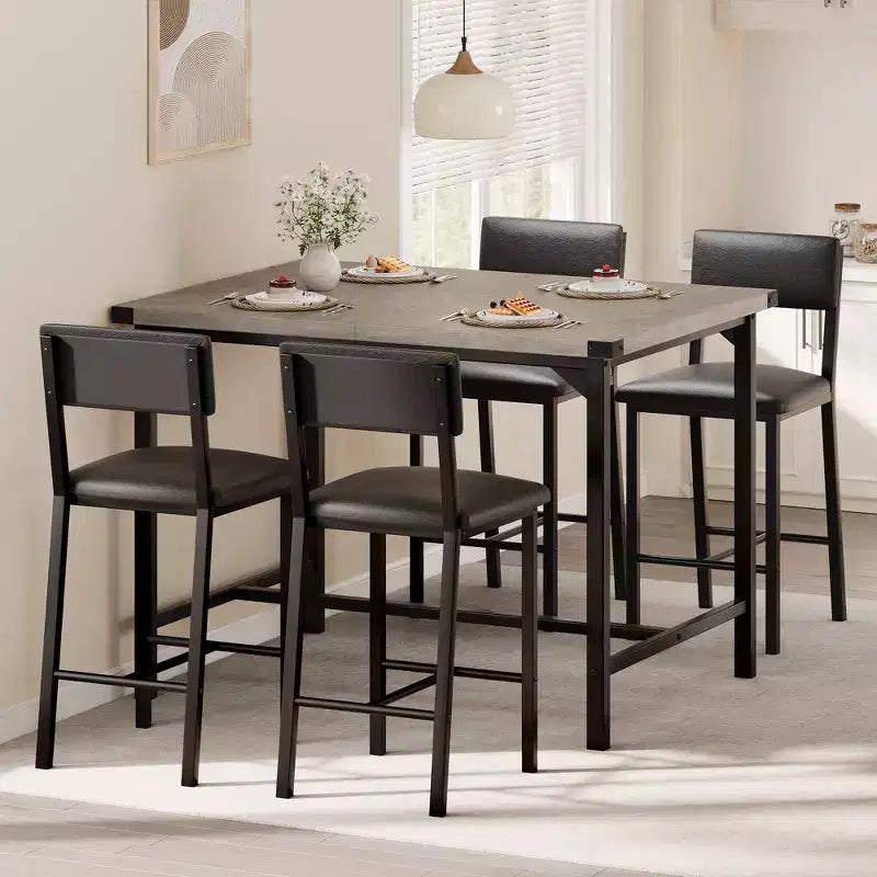 Ensemble Table de Salle à Manger pour 4, Repose-Pieds et Dossier, Table Hauteur Comptoir avec 4 Tabourets de Bar Rembourrés, avec Protections d'Angle, pour Cuisine, Pub, Salle à Manger