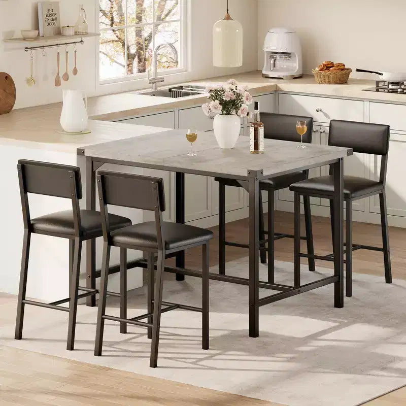 Ensemble Table de Salle à Manger pour 4, Repose-Pieds et Dossier, Table Hauteur Comptoir avec 4 Tabourets de Bar Rembourrés, avec Protections d'Angle, pour Cuisine, Pub, Salle à Manger