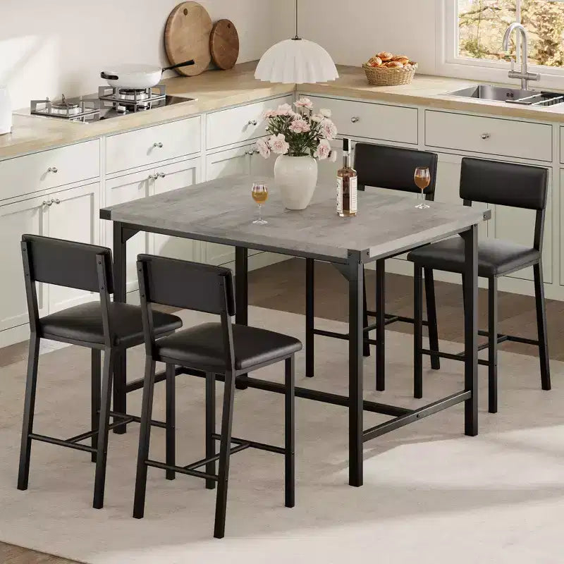 Ensemble Table de Salle à Manger pour 4, Repose-Pieds et Dossier, Table Hauteur Comptoir avec 4 Tabourets de Bar Rembourrés, avec Protections d'Angle, pour Cuisine, Pub, Salle à Manger