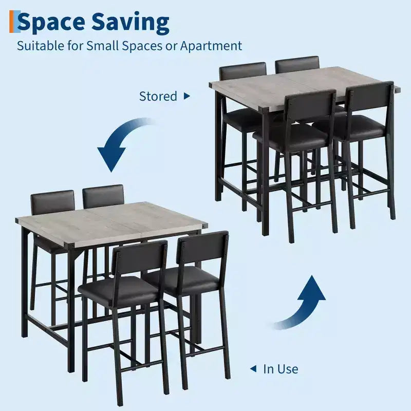 Ensemble Table de Salle à Manger pour 4, Repose-Pieds et Dossier, Table Hauteur Comptoir avec 4 Tabourets de Bar Rembourrés, avec Protections d'Angle, pour Cuisine, Pub, Salle à Manger