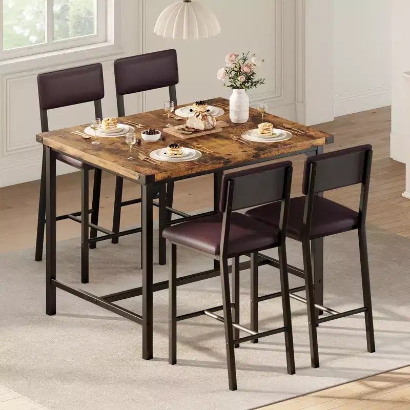 Ensemble Table de Salle à Manger pour 4, Repose-Pieds et Dossier, Table Hauteur Comptoir avec 4 Tabourets de Bar Rembourrés, avec Protections d'Angle, pour Cuisine, Pub, Salle à Manger