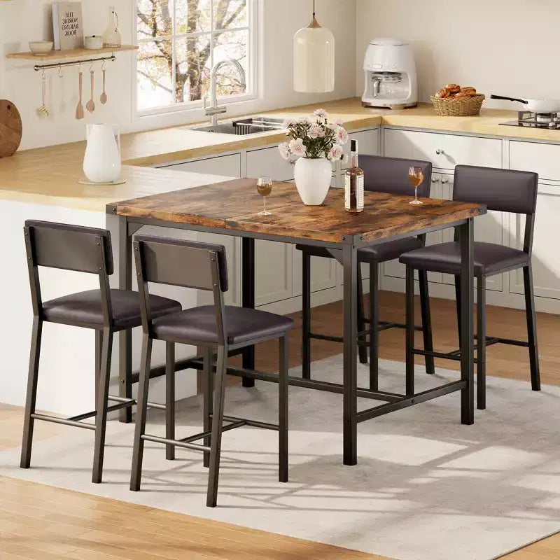 Ensemble Table de Salle à Manger pour 4, Repose-Pieds et Dossier, Table Hauteur Comptoir avec 4 Tabourets de Bar Rembourrés, avec Protections d'Angle, pour Cuisine, Pub, Salle à Manger