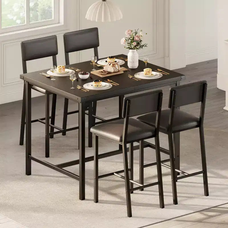 Ensemble Table de Salle à Manger pour 4, Repose-Pieds et Dossier, Table Hauteur Comptoir avec 4 Tabourets de Bar Rembourrés, avec Protections d'Angle, pour Cuisine, Pub, Salle à Manger