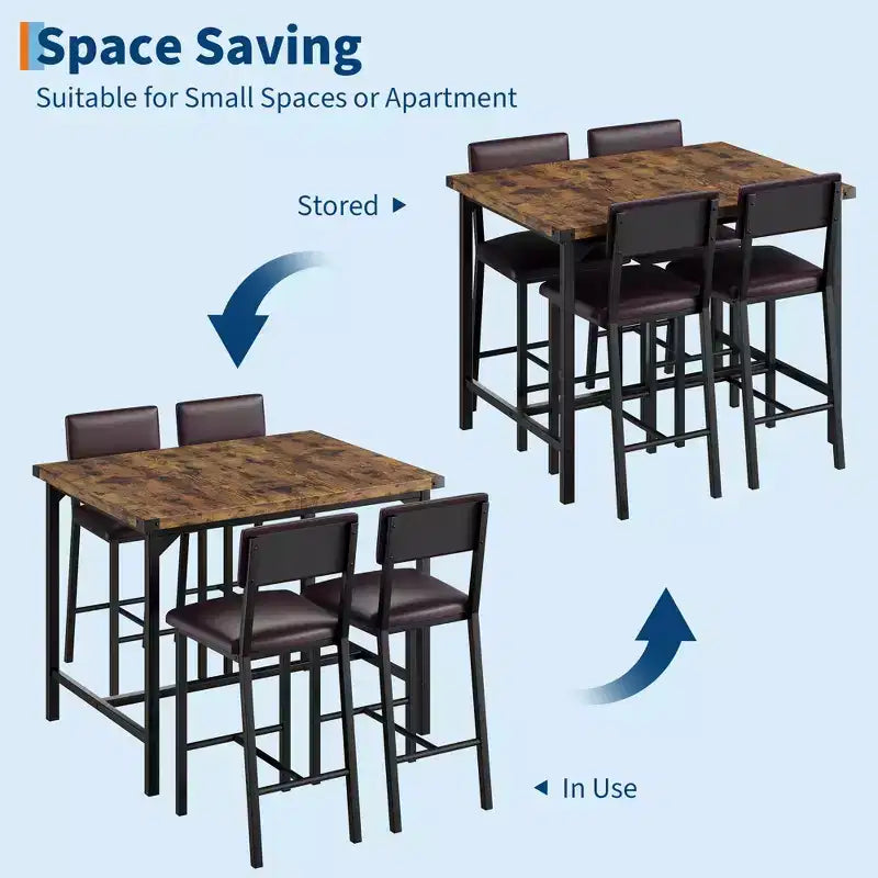 Ensemble Table de Salle à Manger pour 4, Repose-Pieds et Dossier, Table Hauteur Comptoir avec 4 Tabourets de Bar Rembourrés, avec Protections d'Angle, pour Cuisine, Pub, Salle à Manger