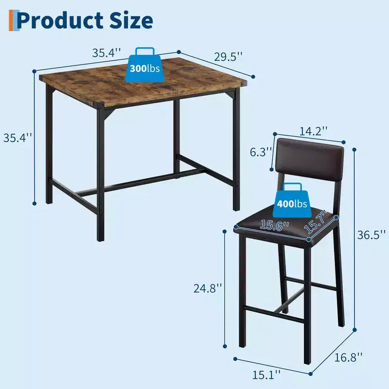 Ensemble Table de Salle à Manger pour 4, Repose-Pieds et Dossier, Table Hauteur Comptoir avec 4 Tabourets de Bar Rembourrés, avec Protections d'Angle, pour Cuisine, Pub, Salle à Manger
