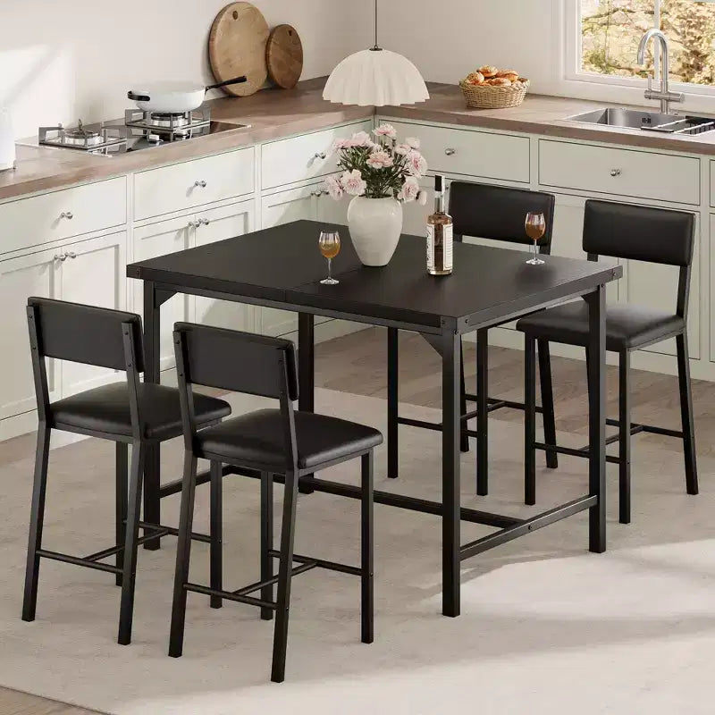 Ensemble Table de Salle à Manger pour 4, Repose-Pieds et Dossier, Table Hauteur Comptoir avec 4 Tabourets de Bar Rembourrés, avec Protections d'Angle, pour Cuisine, Pub, Salle à Manger