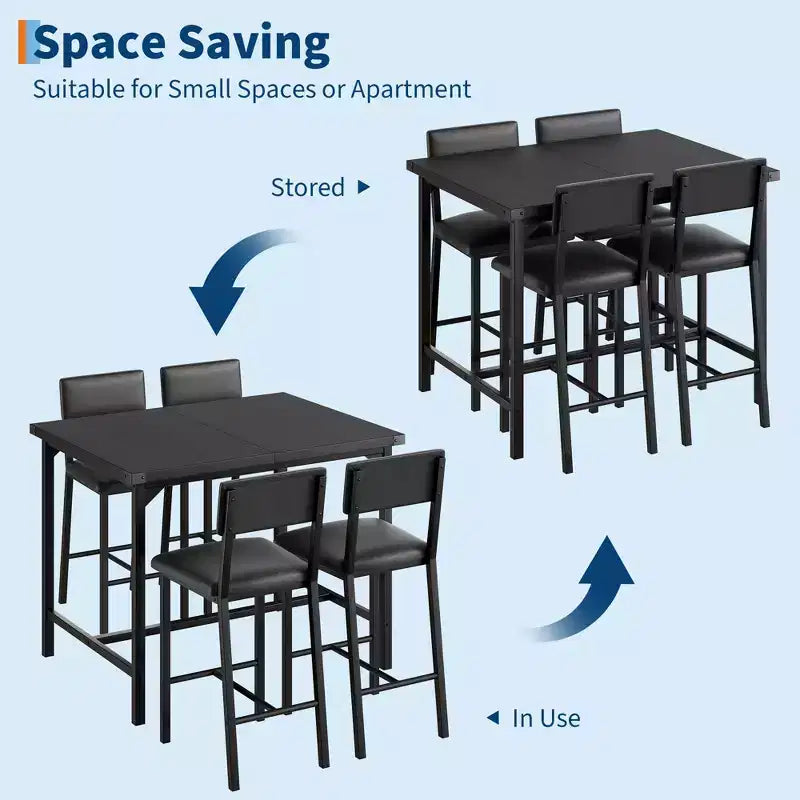 Ensemble Table de Salle à Manger pour 4, Repose-Pieds et Dossier, Table Hauteur Comptoir avec 4 Tabourets de Bar Rembourrés, avec Protections d'Angle, pour Cuisine, Pub, Salle à Manger