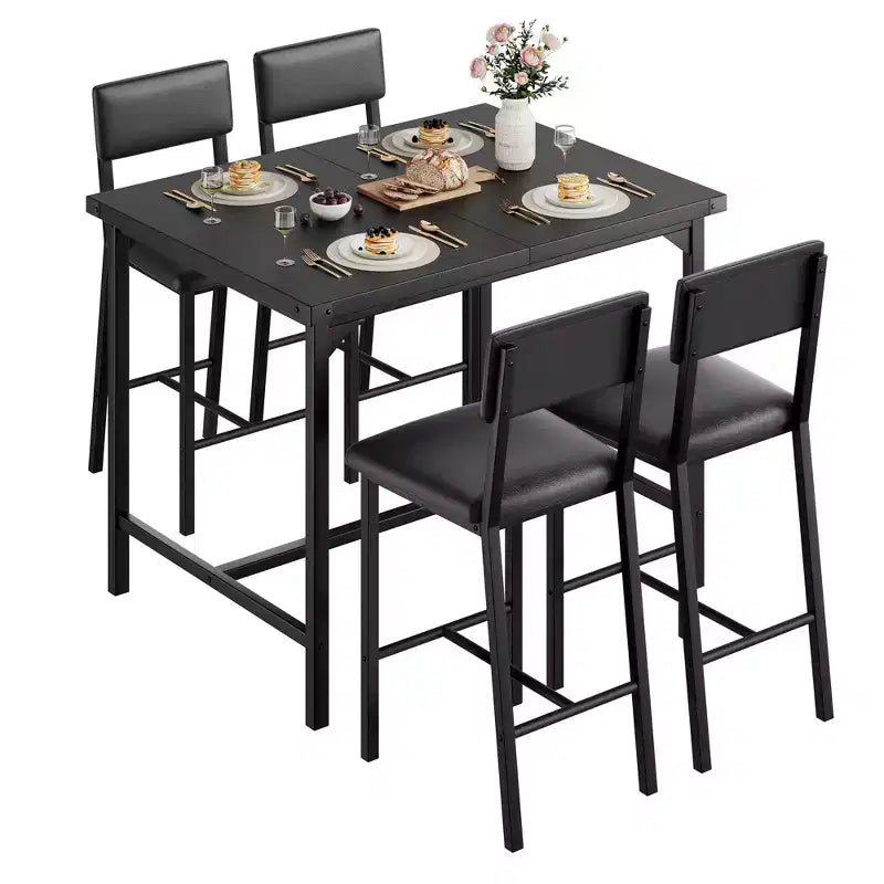 Dining Table Set for 4,Footrest & Backrest,Counter Height Table with 4 Upholstered Bar Stools,with Corner Protector, for Kitchen,Pub,Dining Room