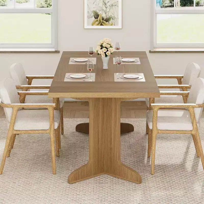 Grande table de salle à manger 180 cm, ensemble de table de ferme pour 8 personnes avec plateau rembourré et pieds en V, table à manger rectangulaire en bois pour maison, salle à manger, cuisine