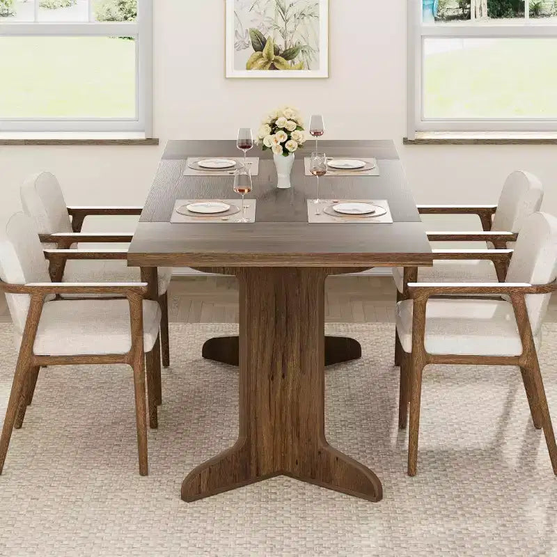 Grande table de salle à manger 180 cm, ensemble de table de ferme pour 8 personnes avec plateau rembourré et pieds en V, table à manger rectangulaire en bois pour maison, salle à manger, cuisine