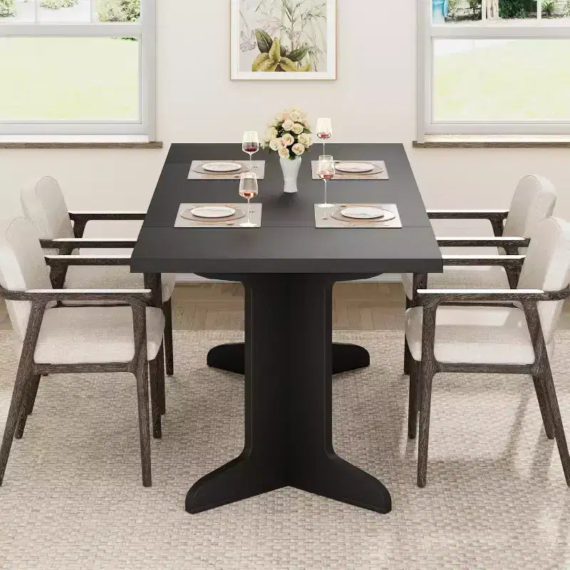 Grande table de salle à manger 180 cm, ensemble de table de ferme pour 8 personnes avec plateau rembourré et pieds en V, table à manger rectangulaire en bois pour maison, salle à manger, cuisine