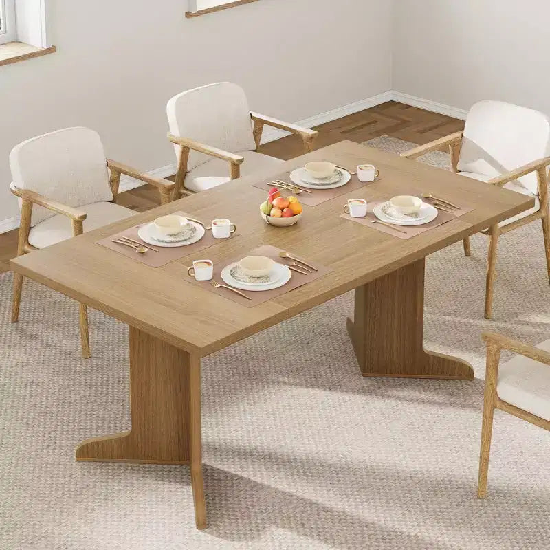 Grande table de salle à manger 180 cm, ensemble de table de ferme pour 8 personnes avec plateau rembourré et pieds en V, table à manger rectangulaire en bois pour maison, salle à manger, cuisine