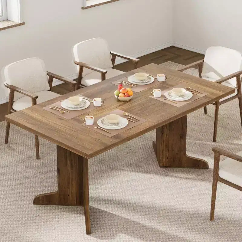 Grande table de salle à manger 180 cm, ensemble de table de ferme pour 8 personnes avec plateau rembourré et pieds en V, table à manger rectangulaire en bois pour maison, salle à manger, cuisine