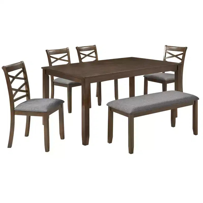 Ensemble de salle à manger 6 pièces Andrea en bois et tissu avec banc et chaises à dossier croisé de GDFStudio