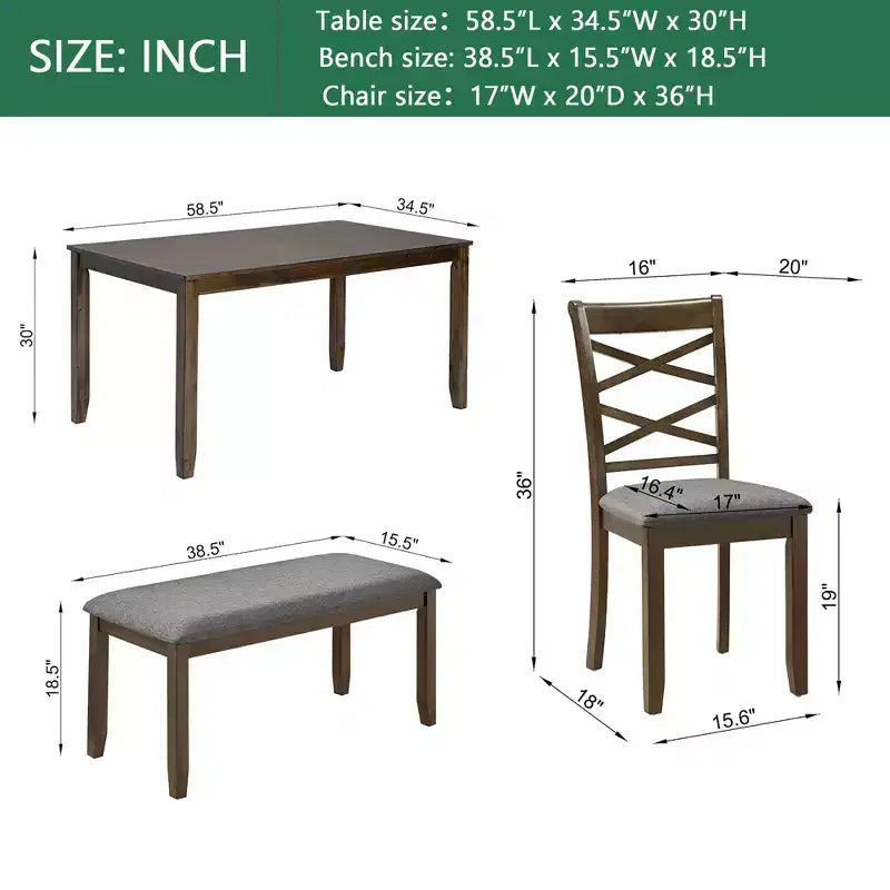 Ensemble de salle à manger 6 pièces Andrea en bois et tissu avec banc et chaises à dossier croisé de GDFStudio