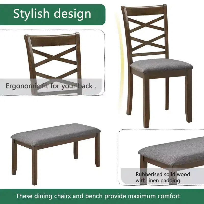 Ensemble de salle à manger 6 pièces Andrea en bois et tissu avec banc et chaises à dossier croisé de GDFStudio