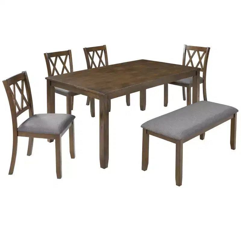 Ensemble de salle à manger 6 pièces Andrea en bois et tissu avec banc et chaises à dossier croisé de GDFStudio