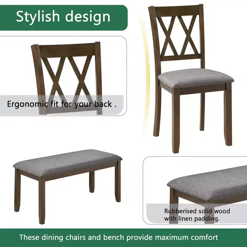 Ensemble de salle à manger 6 pièces Andrea en bois et tissu avec banc et chaises à dossier croisé de GDFStudio