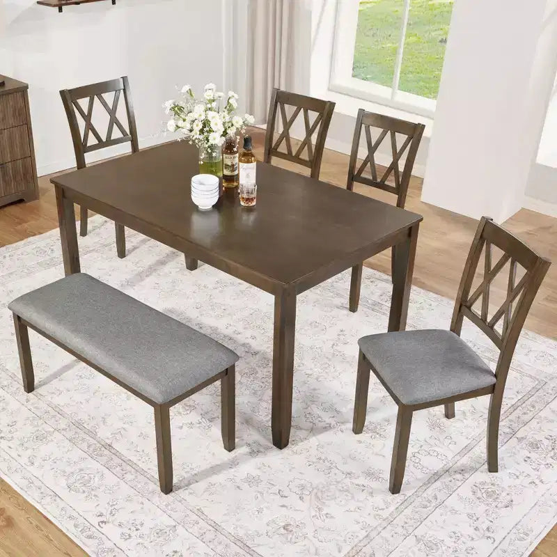 GDFStudio Andrea Modern Wood and Fabric 6 Piece Dining Set with Bench and Cross-Back Chairs