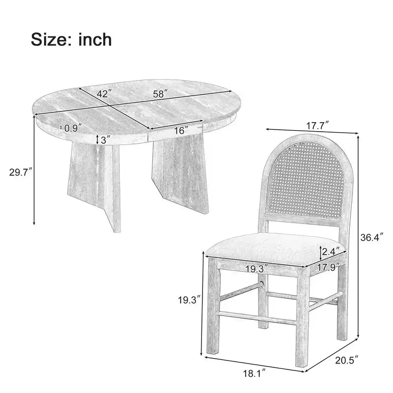 Ensemble de salle à manger rond rétro 5 pièces Polibi avec chaises rembourrées à dossier en rotin
