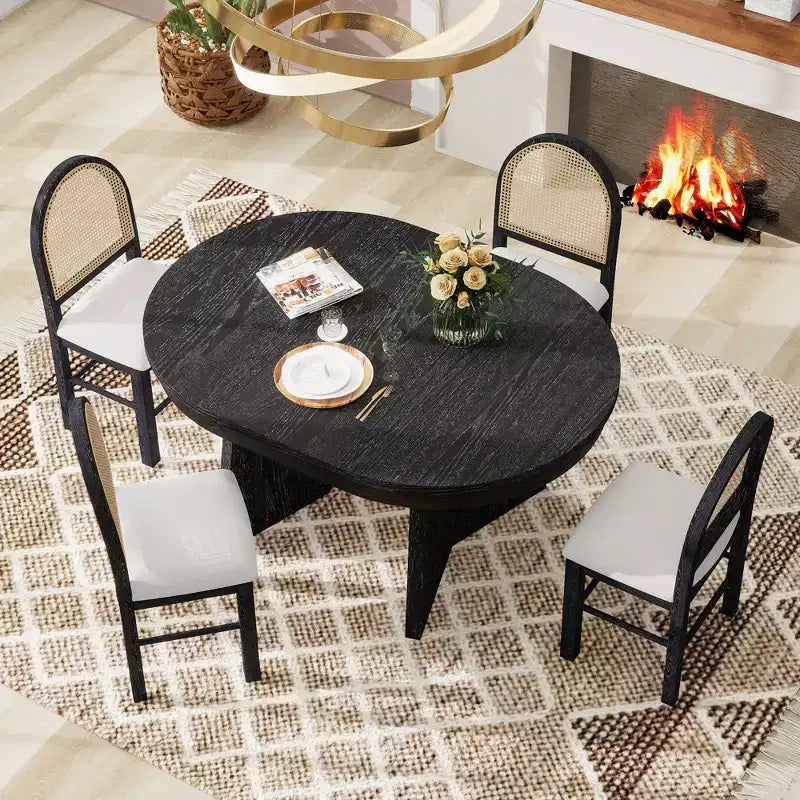 Ensemble de salle à manger rond rétro 5 pièces Polibi avec chaises rembourrées à dossier en rotin