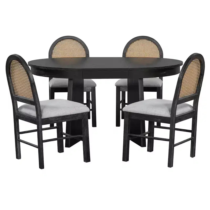 Ensemble de salle à manger rond rétro 5 pièces Polibi avec chaises rembourrées à dossier en rotin