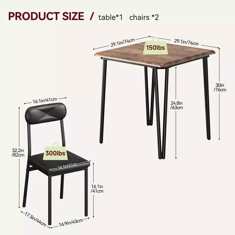 Ensemble de cuisine 3 pièces Table à manger en bois pour 2 personnes Table et chaises carrées Petit ensemble de table de ferme pour cuisine restaurant