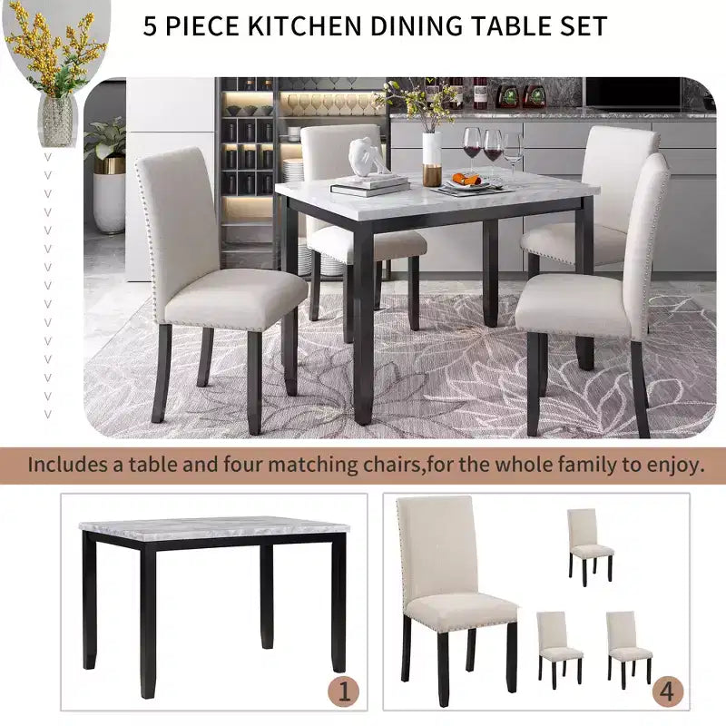 GDFStudio Fanny Ensemble de salle à manger 5 pièces en faux marbre avec table et chaises rembourrées