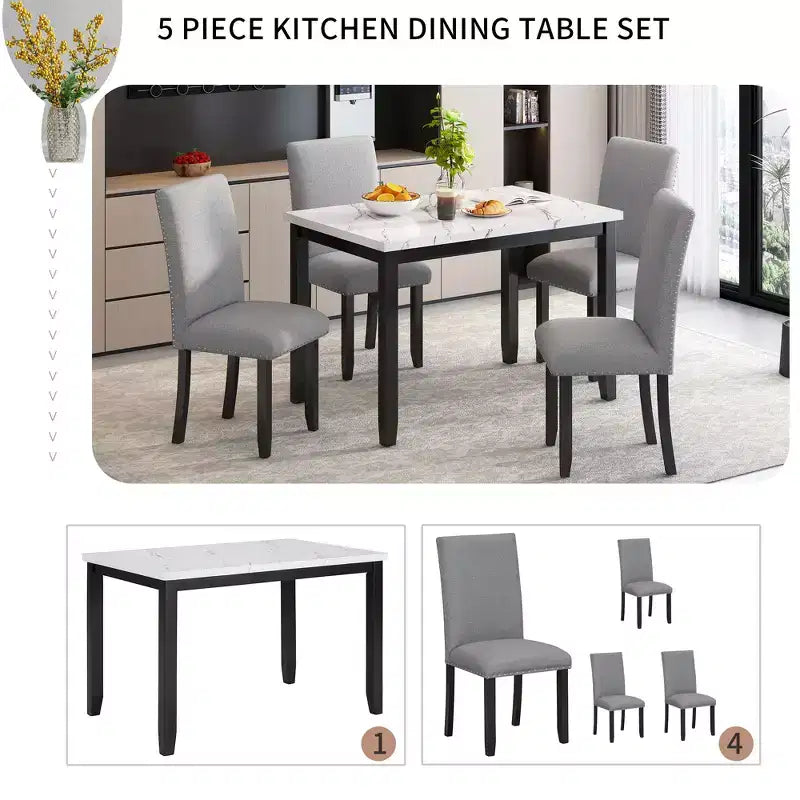GDFStudio Fanny Ensemble de salle à manger 5 pièces en faux marbre avec table et chaises rembourrées