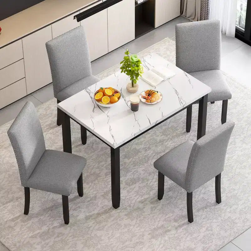 GDFStudio Fanny 5 Piece Faux Marble Dining Set with Table and Upholstered Chairs