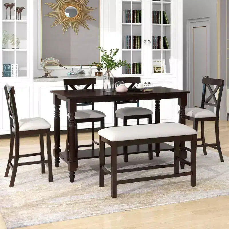 Ensemble de salle à manger GDFStudio Henley 6 pièces en bois massif à hauteur de comptoir avec chaises et banc rembourrés