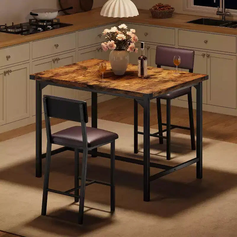 Ensemble de table à manger Acekool pour 2 personnes avec repose-pieds et dossier, table hauteur comptoir, 2 chaises de bar rembourrées, protège-coins, pour petit espace, couleur rétro