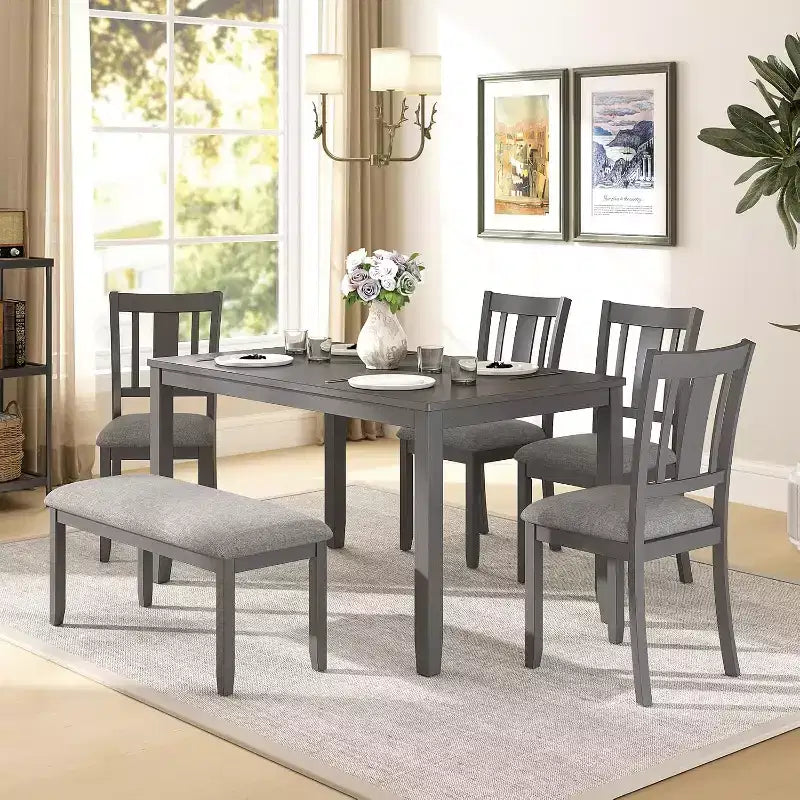Zevemomo 6-Piece Wooden Dining Table Set, Including 1 Dining Table, 4 Upholstered Chairs and 1 Bench,for Dining Room & Kitchen, Grey