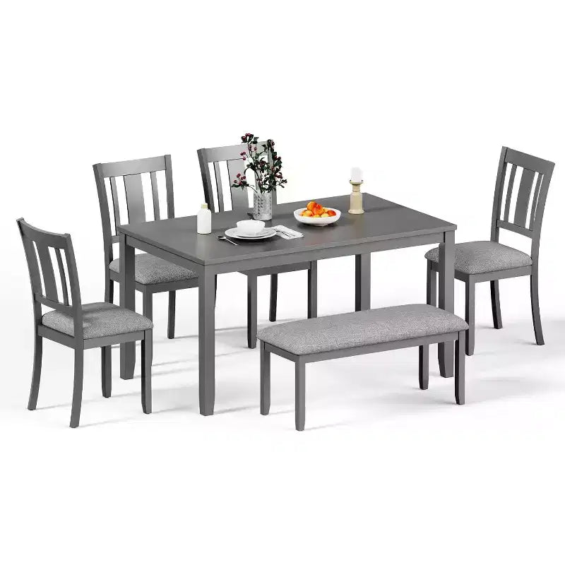 Ensemble table à manger Zevemomo 6 pièces en bois, comprenant 1 table à manger, 4 chaises rembourrées et 1 banc, pour salle à manger et cuisine, gris