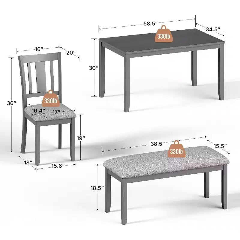 Ensemble table à manger Zevemomo 6 pièces en bois, comprenant 1 table à manger, 4 chaises rembourrées et 1 banc, pour salle à manger et cuisine, gris