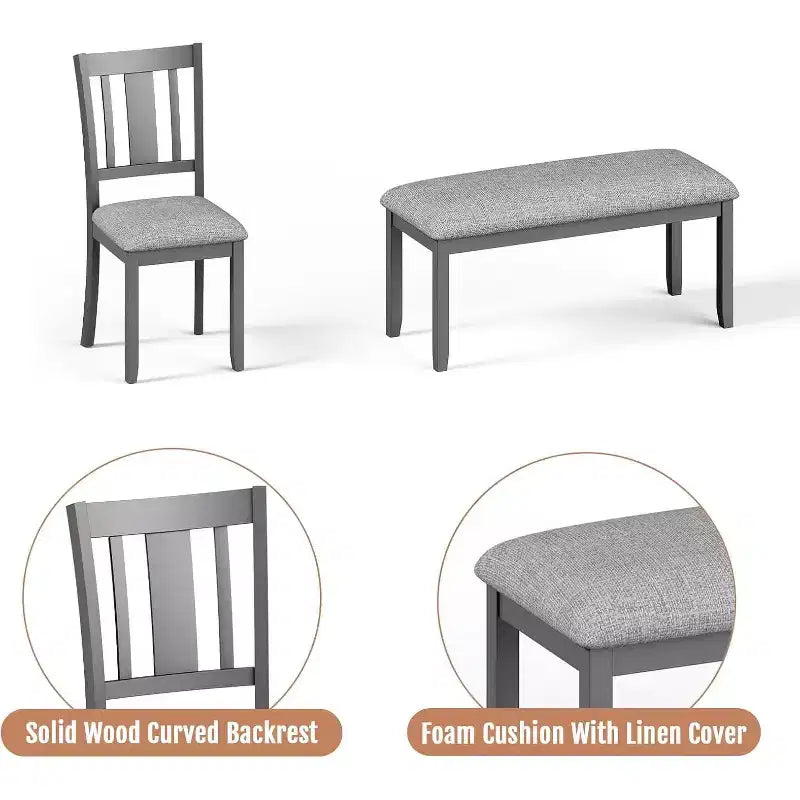 Ensemble table à manger Zevemomo 6 pièces en bois, comprenant 1 table à manger, 4 chaises rembourrées et 1 banc, pour salle à manger et cuisine, gris