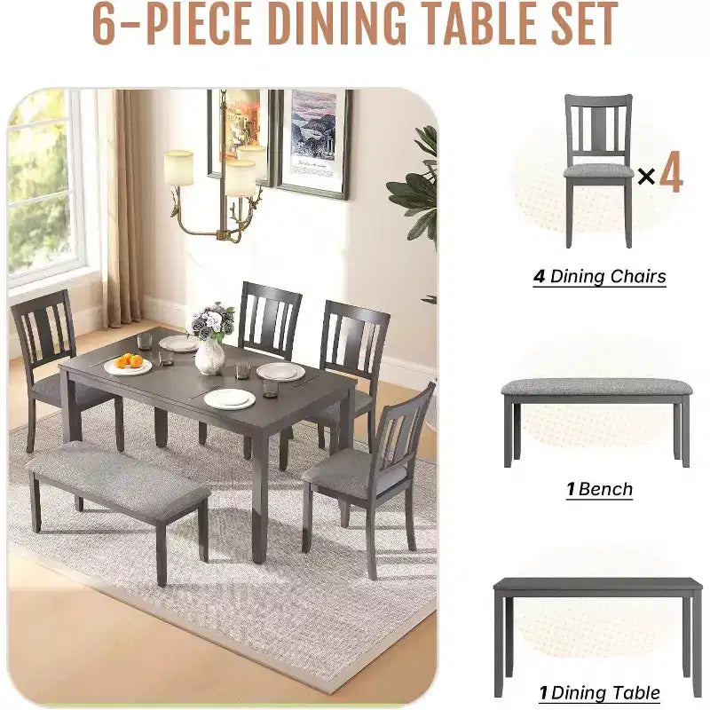 Ensemble table à manger Zevemomo 6 pièces en bois, comprenant 1 table à manger, 4 chaises rembourrées et 1 banc, pour salle à manger et cuisine, gris