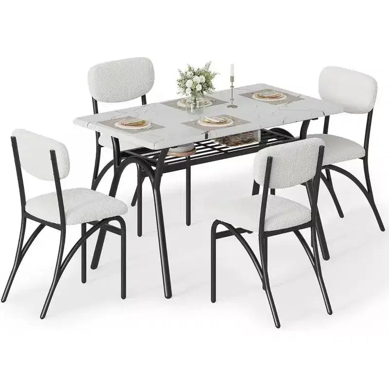 Coolmee Ensemble de table à manger 5 pièces pour 4 personnes, table de cuisine avec 4 chaises en bouclette, table à manger rectangulaire avec étagère de rangement et plateau en marbre