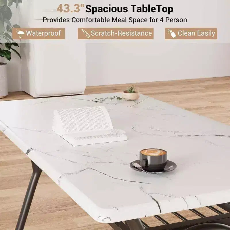 Coolmee Ensemble de table à manger 5 pièces pour 4 personnes, table de cuisine avec 4 chaises en bouclette, table à manger rectangulaire avec étagère de rangement et plateau en marbre