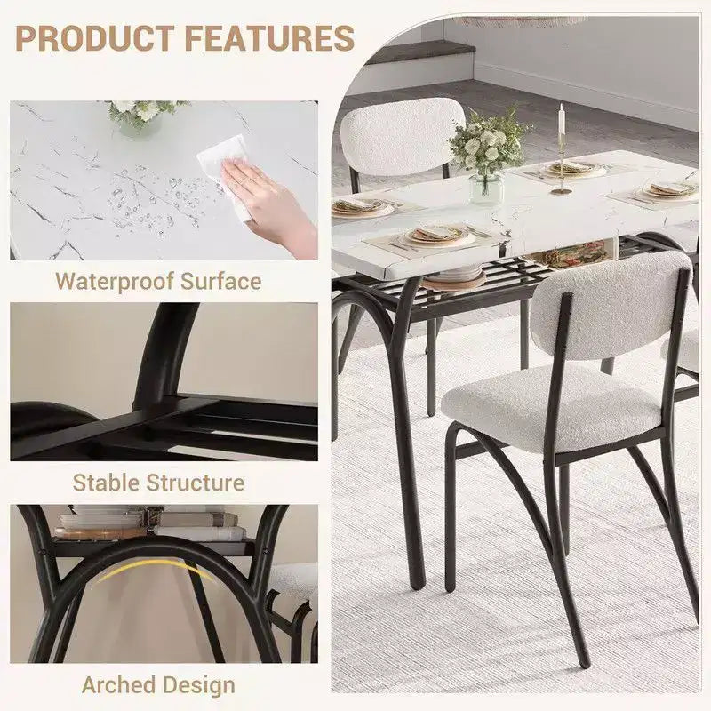 Coolmee Ensemble de table à manger 5 pièces pour 4 personnes, table de cuisine avec 4 chaises en bouclette, table à manger rectangulaire avec étagère de rangement et plateau en marbre
