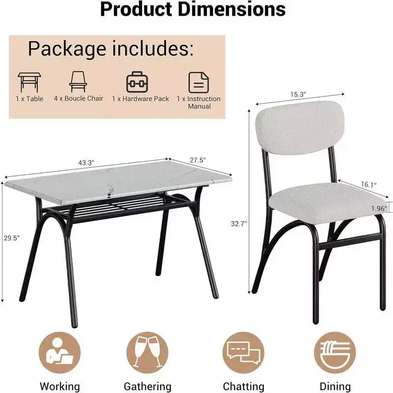 Coolmee Ensemble de table à manger 5 pièces pour 4 personnes, table de cuisine avec 4 chaises en bouclette, table à manger rectangulaire avec étagère de rangement et plateau en marbre