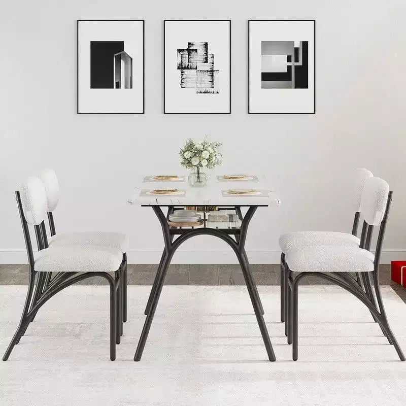 Coolmee Ensemble de table à manger 5 pièces pour 4 personnes, table de cuisine avec 4 chaises en bouclette, table à manger rectangulaire avec étagère de rangement et plateau en marbre