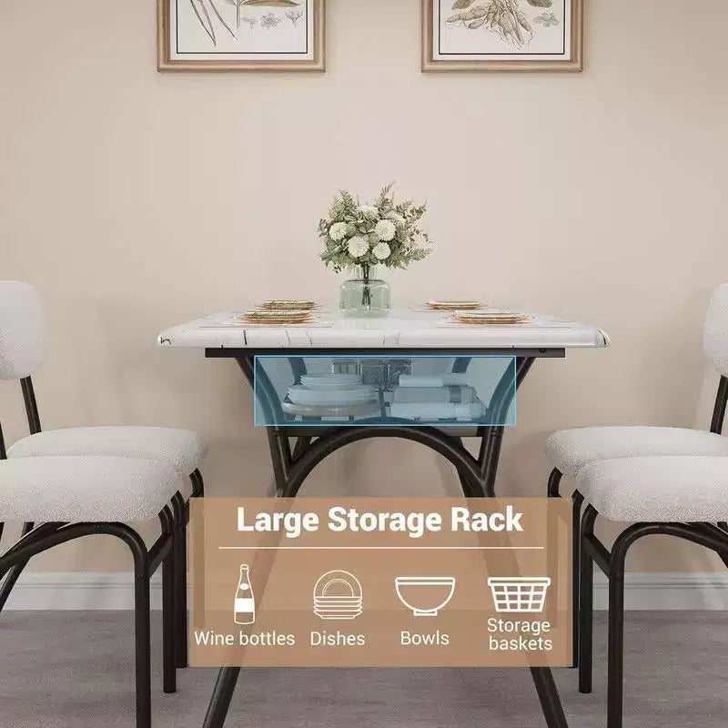 Coolmee Ensemble de table à manger 5 pièces pour 4 personnes, table de cuisine avec 4 chaises en bouclette, table à manger rectangulaire avec étagère de rangement et plateau en marbre