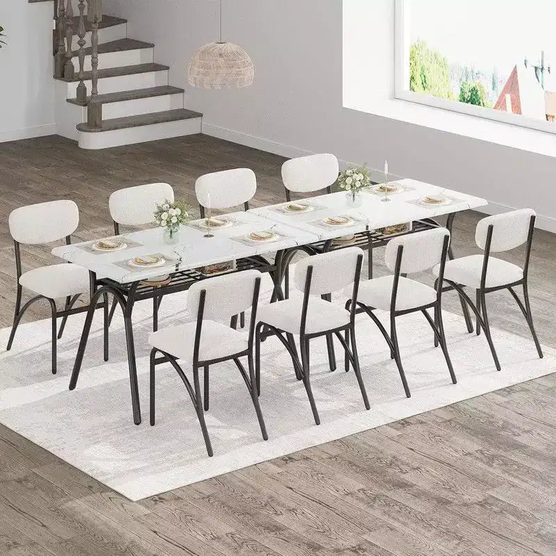 Coolmee Ensemble de table à manger 5 pièces pour 4 personnes, table de cuisine avec 4 chaises en bouclette, table à manger rectangulaire avec étagère de rangement et plateau en marbre