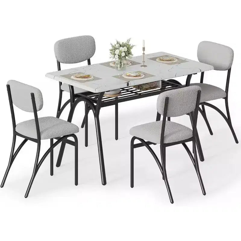 Coolmee Ensemble de table à manger 5 pièces pour 4 personnes, table de cuisine avec 4 chaises en bouclette, table à manger rectangulaire avec étagère de rangement et plateau en marbre